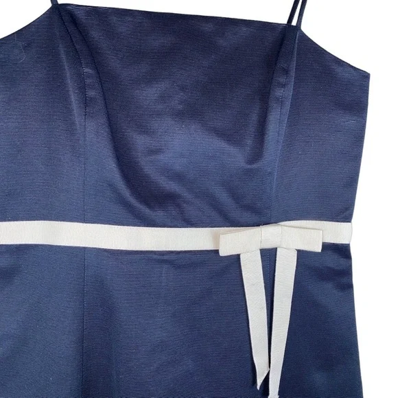 Ann Taylor Dress Navy Blue Cotton Silk Blend White Attached Belt w/Bow Sz 4 - Picture 2 of 7